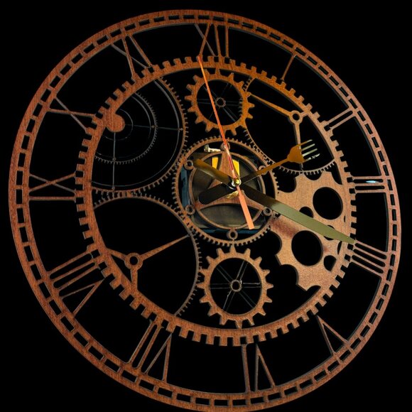 Decorative Wooden Wall Clock with Roman Numerals, Steampunk Gear Design, Quartz - Picture 1 of 8